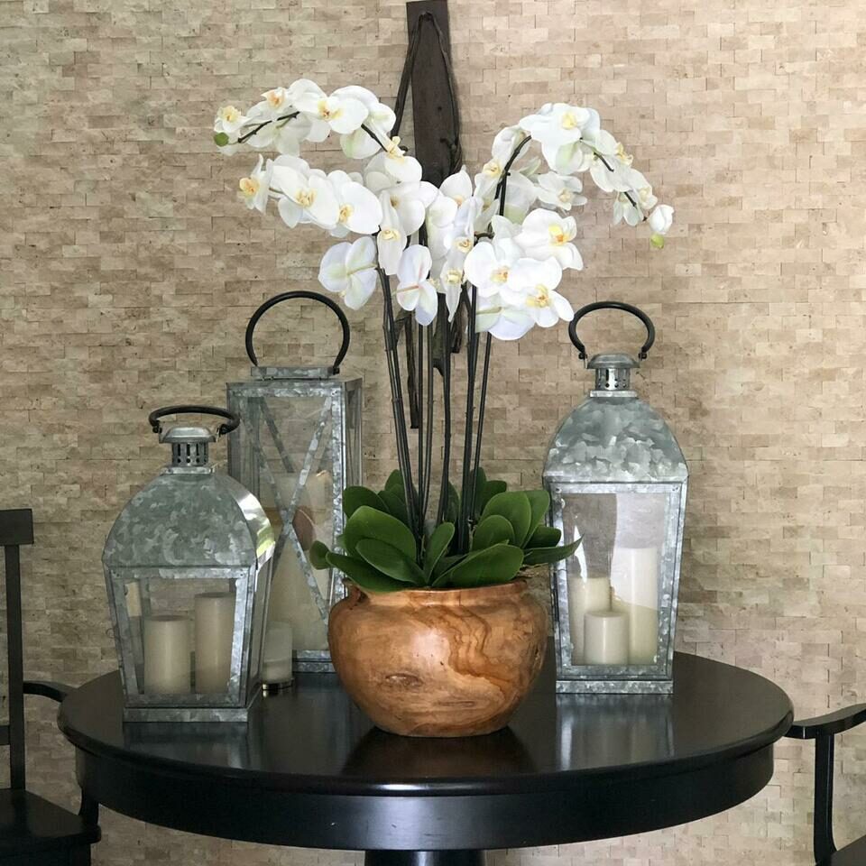 Large teak bowl with white orchids