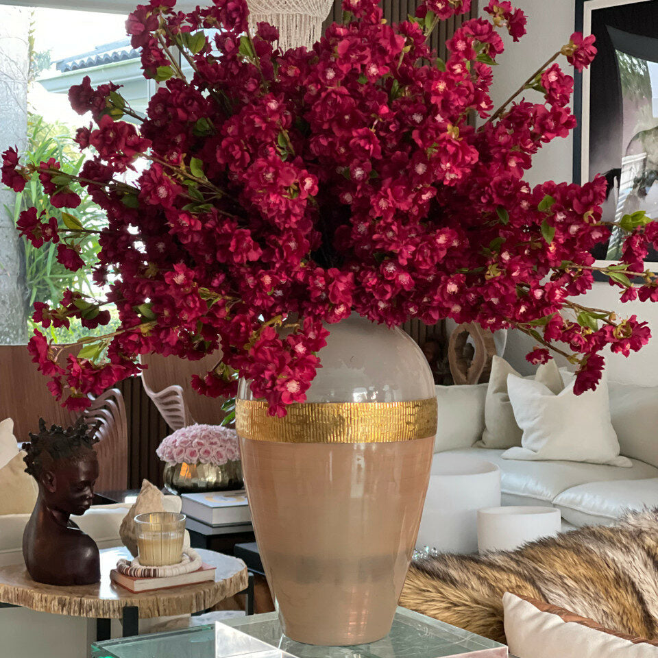 Goddess Vase with Burgundy Cherry Blossom Flowers