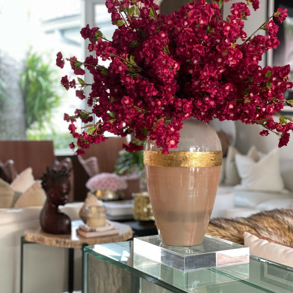 Goddess Vase with Burgundy Cherry Blossom Flowers