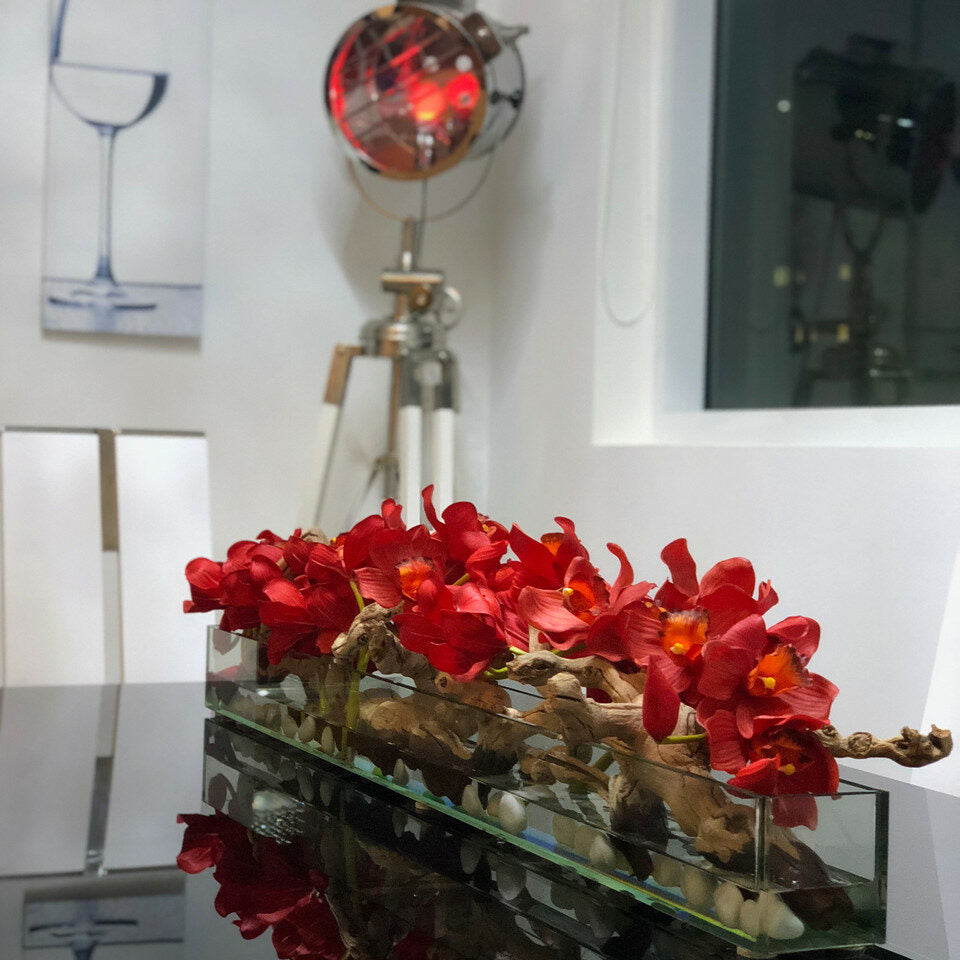 120 cm Modern House Glass Planter with red Cymbidium orchids.