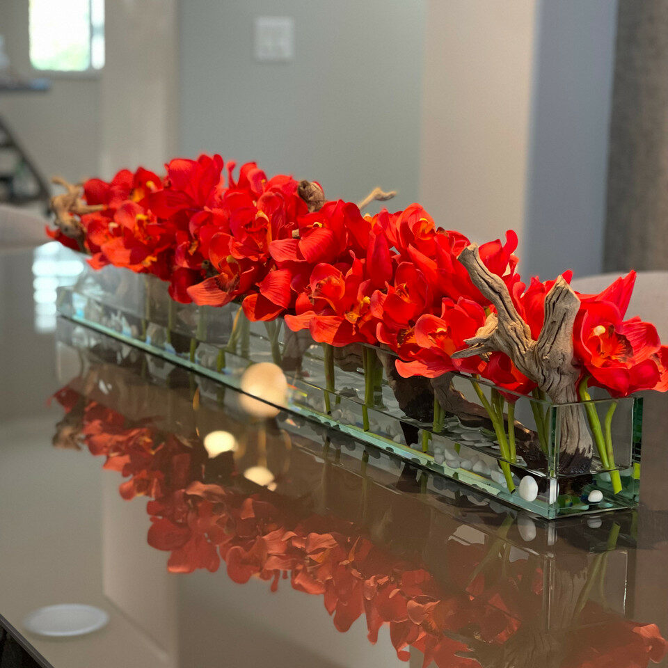 Modern House Glass Vase with Red Cymbidiums