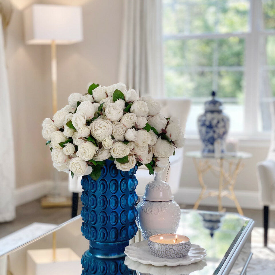 English White Roses in Textured Blue Pot