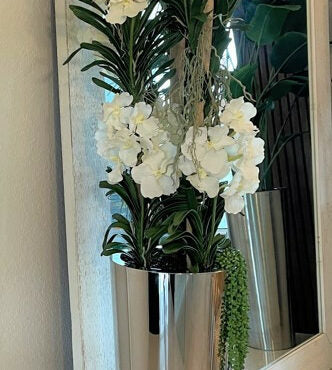 White Vanda Orchids in Stainless Steel Cone Jardiniera