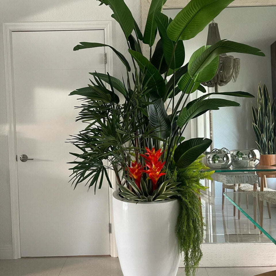 Brannan Tropical Plant Arrangement in a Glossy White Pot